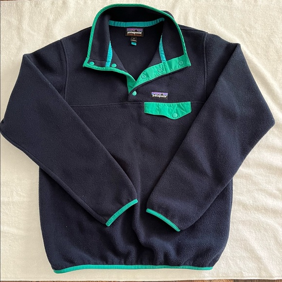 Patagonia Jackets & Blazers - Women Patagonia Synchilla 1/4 Snap-T Navy Blue Fleece Pullover Green Trim Size S